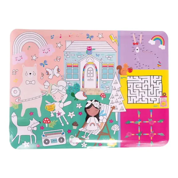 Colorful children's activity placemat with illustrations and games.