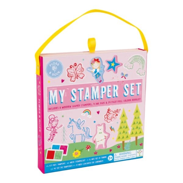 Colorful children's stamper set with ink pads and booklet.