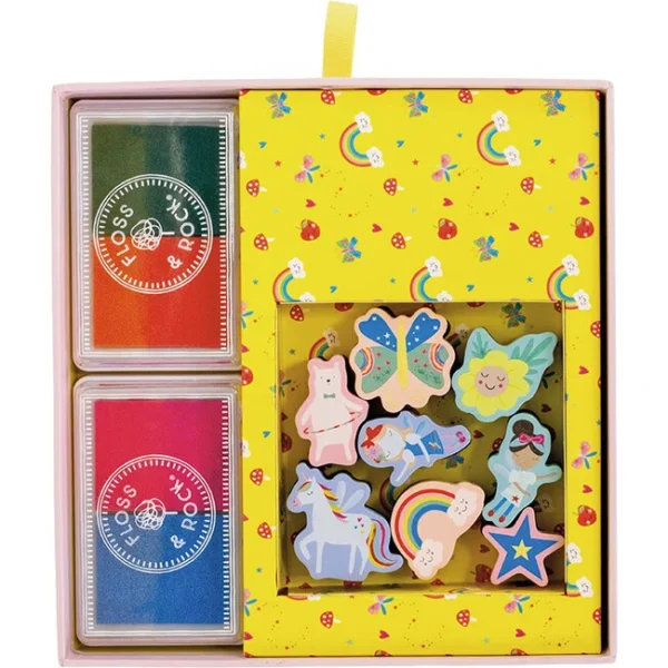 Colorful card set with animal magnets and rainbows.