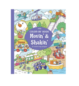 Coloring book cover with various transportation scenes.