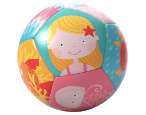 Colorful illustrated beach ball with cartoon designs.