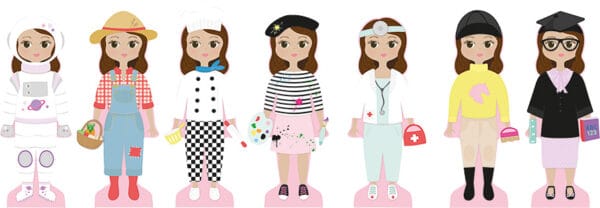 Cartoon girls in various professional outfits.