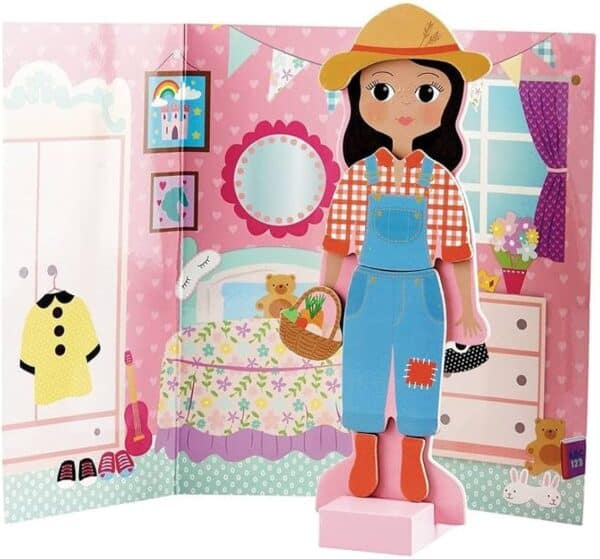 Colorful paper doll in a playful room setting.