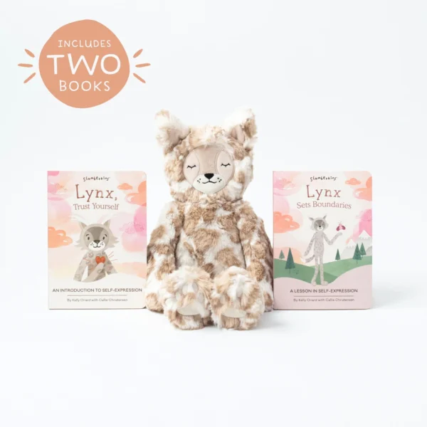 Plush lynx toy with two children's books.