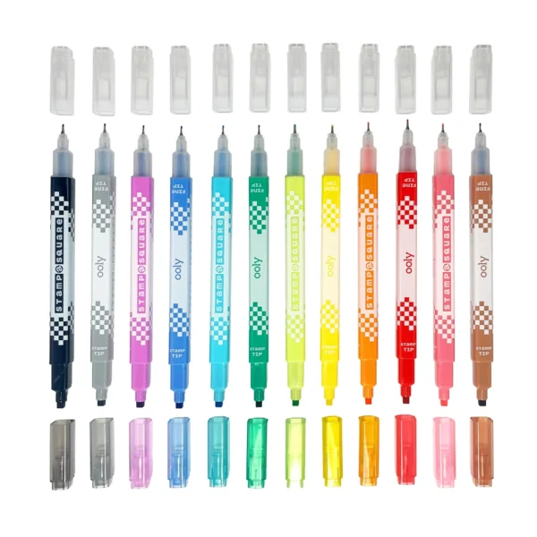Colorful marker pens with caps, arranged in rows.