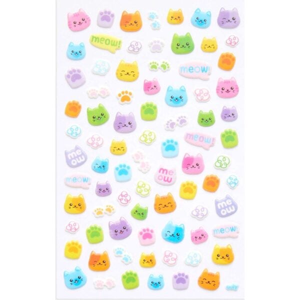 Colorful cat and paw stickers on white background.