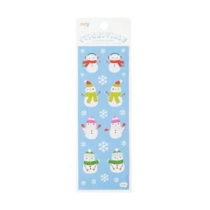 Snowman sticker sheet with colorful scarves and hats.