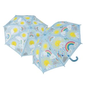 Colorful kids' umbrellas with sun and rainbow design.