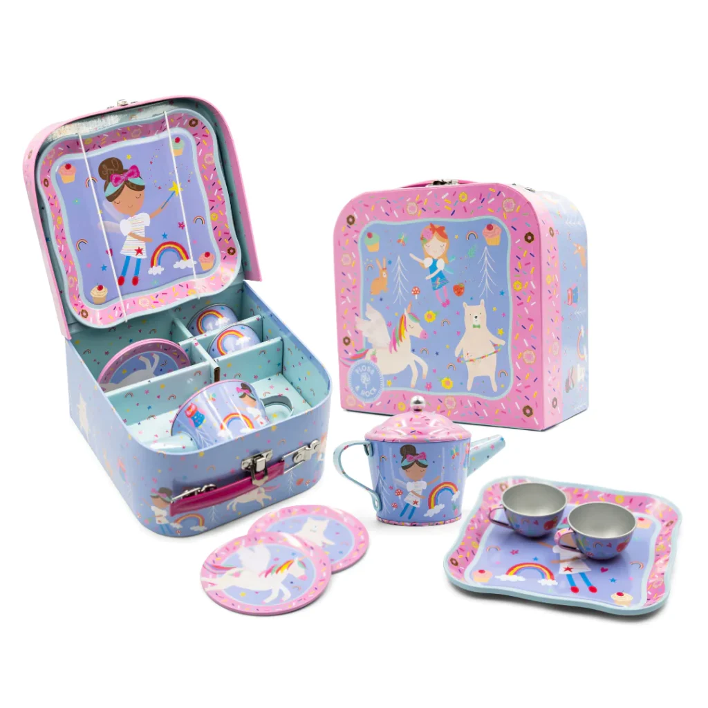 Colorful children's tea set with unicorns and rainbows.