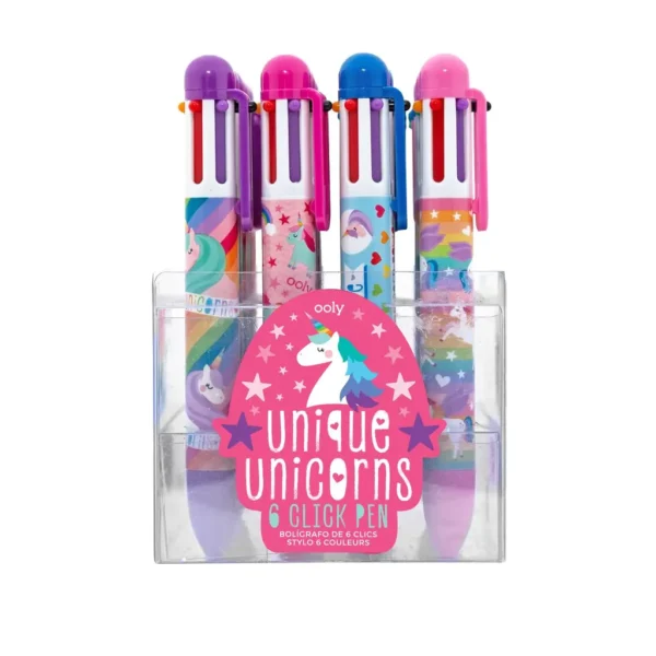 Unique unicorn click pens in colorful designs.