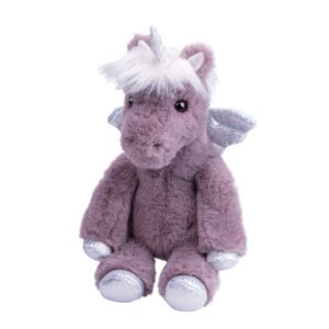 Purple unicorn plush toy with wings and horn.