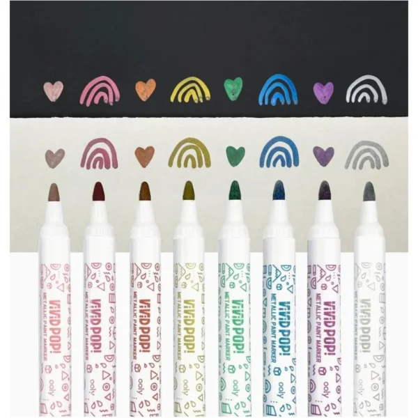 Colorful metallic paint markers on black and white paper.