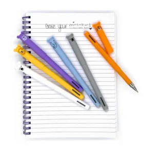 Colorful pens on spiral notebook with lined pages.