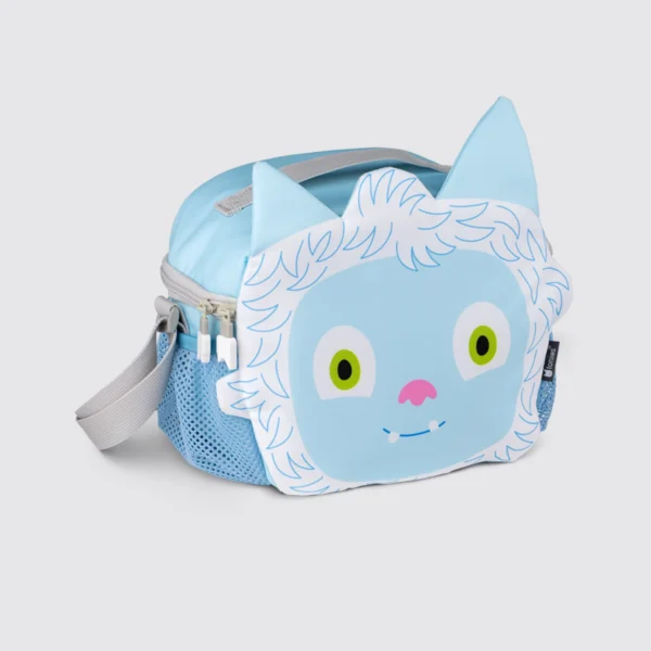 Blue kids lunch bag with monster face design.