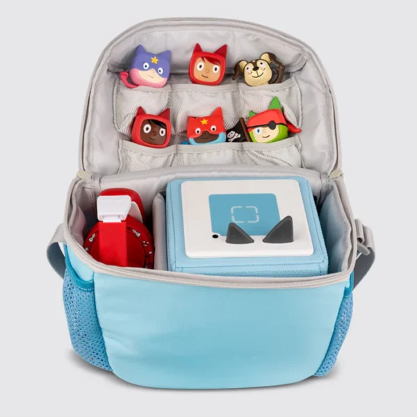 Blue backpack with toys and digital device inside.