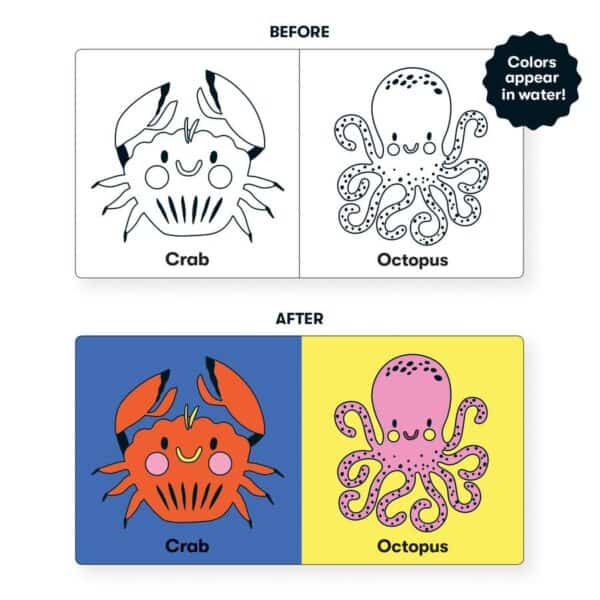 Crab and octopus water-activated coloring book example.
