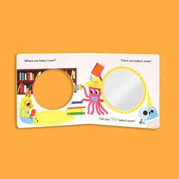 Children's book page with animal characters and mirror.