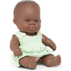 Realistic baby doll in green knitted dress.