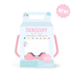 Pink sensory play jar with handles and packaging.
