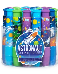 Astronaut-themed erasers in colorful packaging