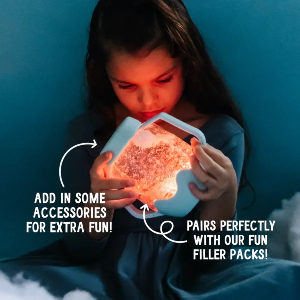 Child holding glowing sensory toy with accessories.