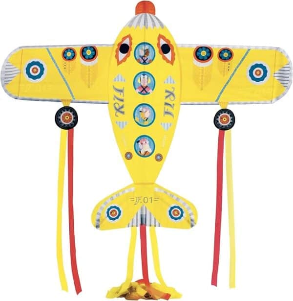 Colorful airplane-shaped yellow kite with ribbons