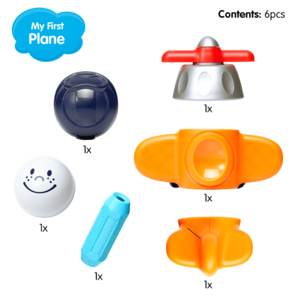 Components of toy plane assembly kit.