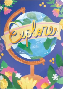 Colorful illustration of a globe with 'Explore' banner