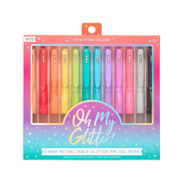 Twelve colorful glitter gel pens in packaging.