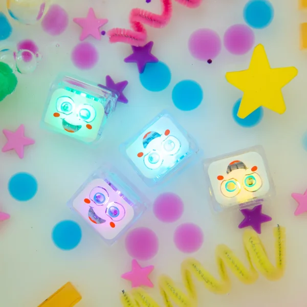 Colorful glowing cubes with smiley faces and stars.