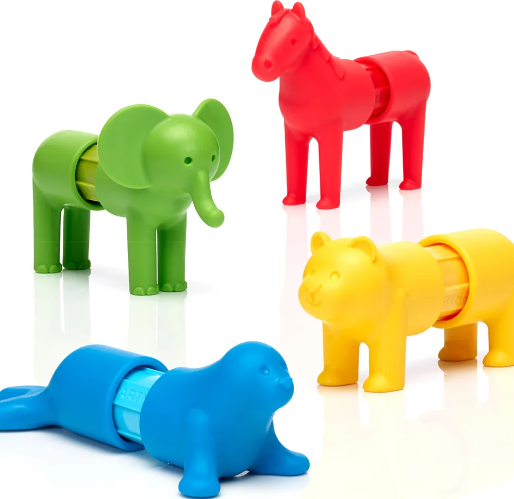 Colorful animal pencil sharpeners in various shapes.