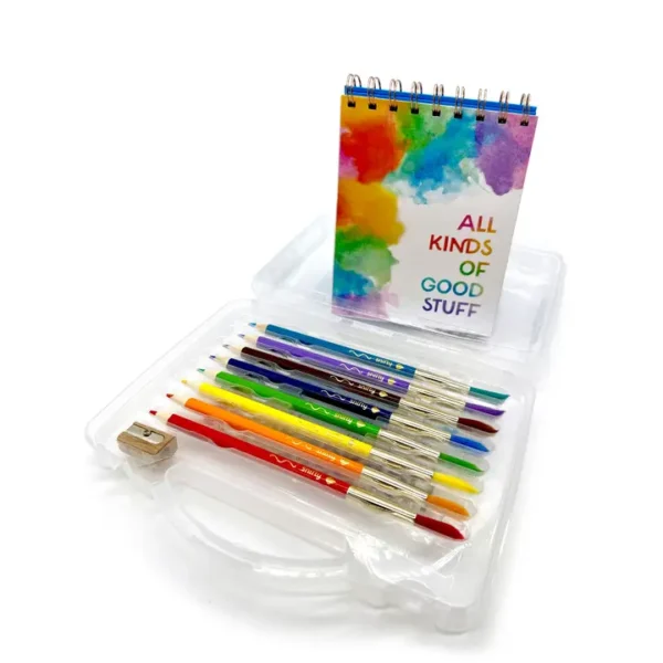 Colorful paintbrush set with notebook and sharpener.