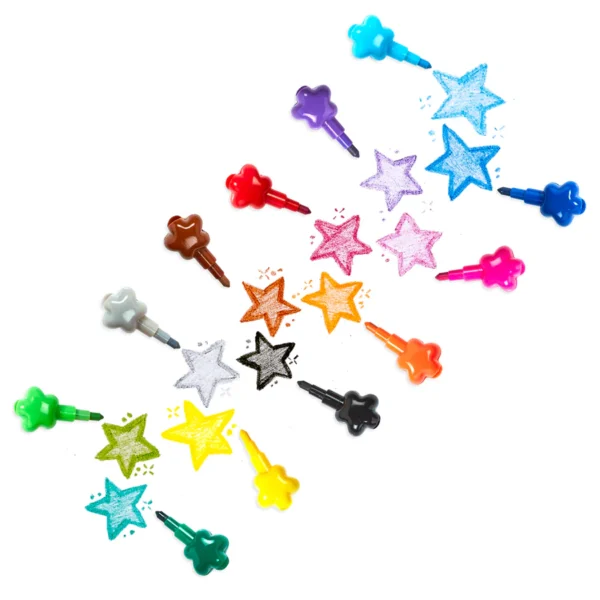 Colorful star-shaped crayons with drawn star shapes