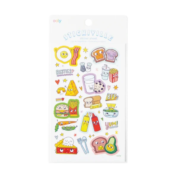 Cartoon food-themed sticker sheet with happy characters.