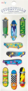Colorful skateboard stickers on sheets.