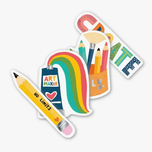 Colorful art supplies with creative messages.