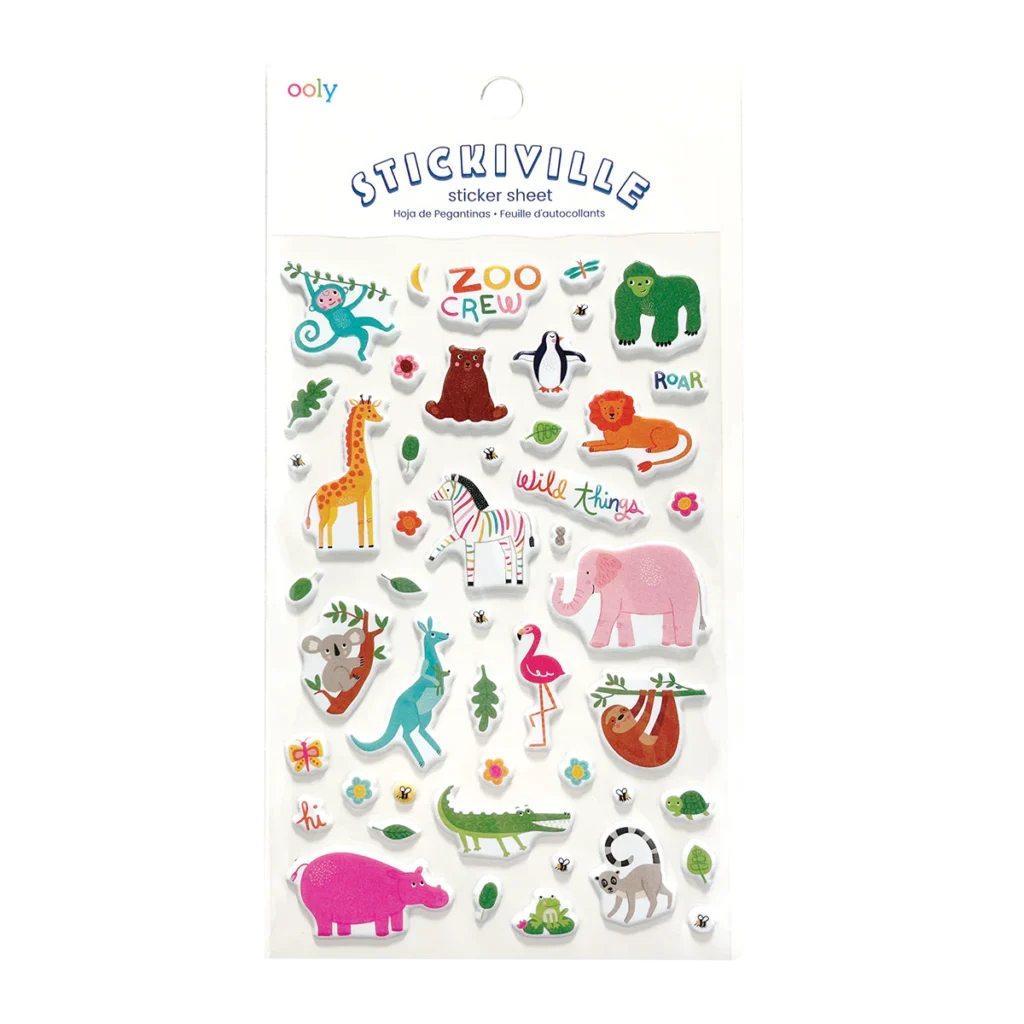 Animal stickers sheet with zoo theme and colors.