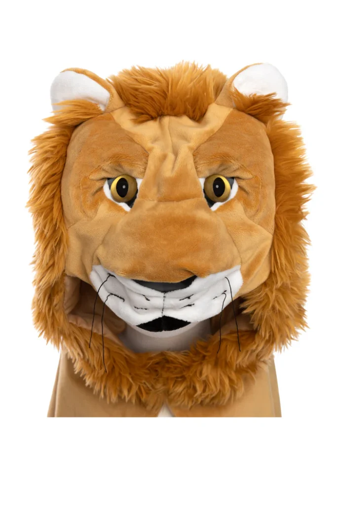 Plush lion head costume with mane.