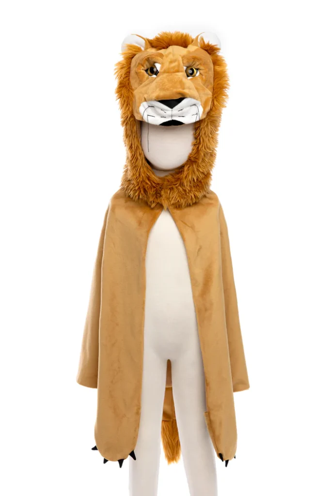 Child mannequin wearing lion costume with hood