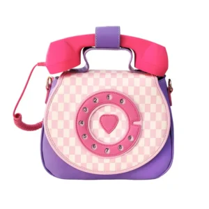 Vintage telephone-themed handbag, pink and purple design.