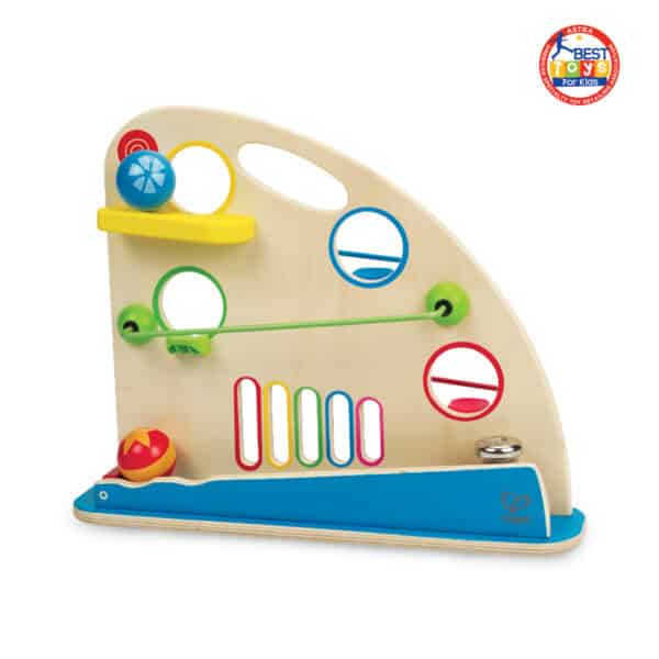 Colorful wooden marble run toy for kids.