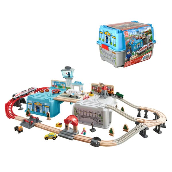 Airport-themed toy train set with tracks and vehicles.