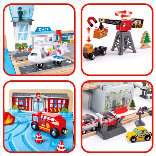 Wooden toy city with airport, crane, fire station.