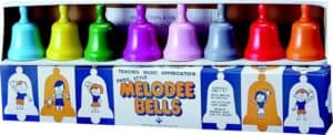 Colorful Melodee Bells musical toy set in box.