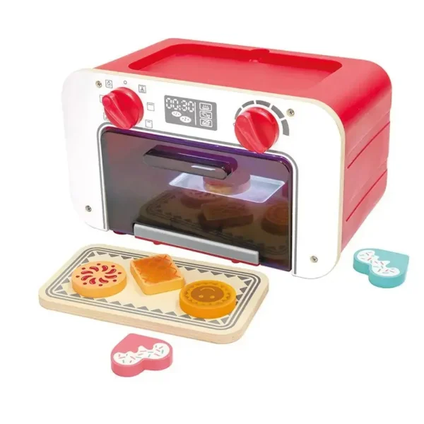 Toy oven with pretend food on tray