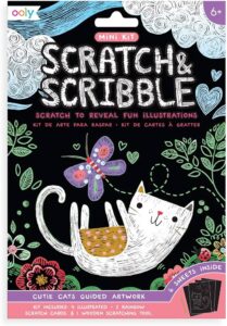 Scratch art kit featuring whimsical cat and butterfly.