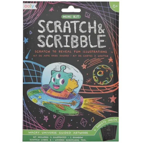 Scratch kit with illustrated space-themed artwork.
