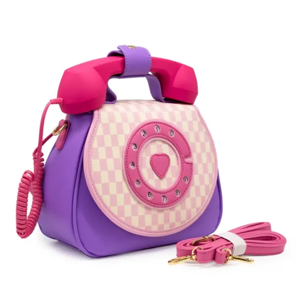 Purple pink handbag resembling retro rotary phone.