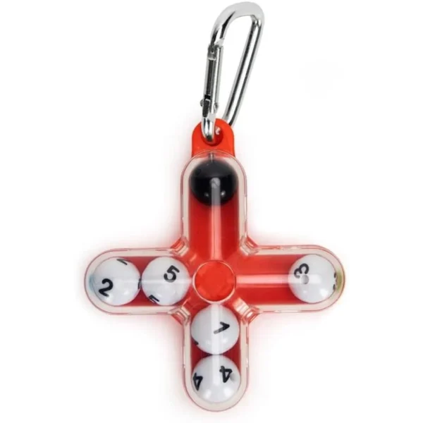 Cross-shaped toy with numbered balls and carabiner.