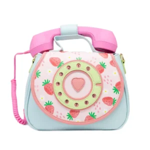 Strawberry patterned handbag with rotary dial design.
